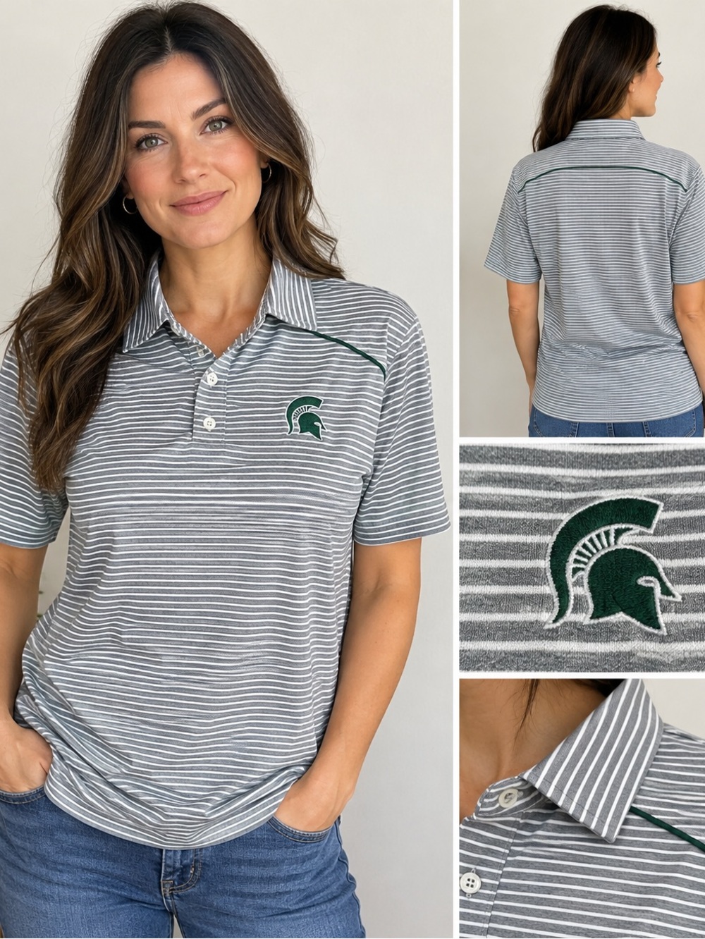 Vintage Lee Women's MSU Gray & White Striped Button-Down Shirt with Green Trim